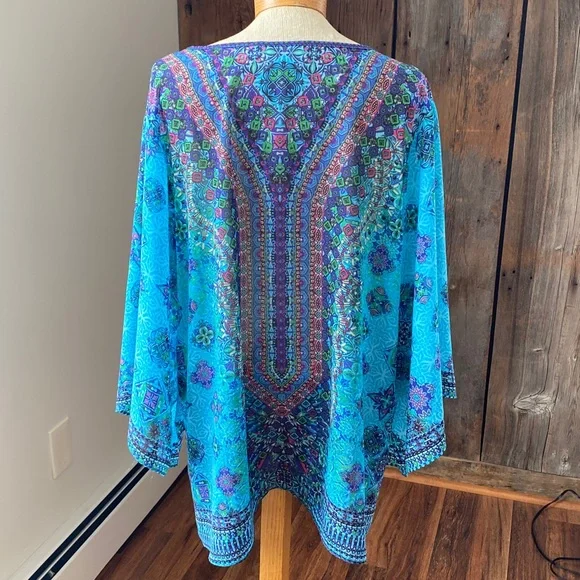 Belle Kim Gravel v neck shear printed boho kimono sleeve pull over poncho Sz Xl - Picture 5 of 9